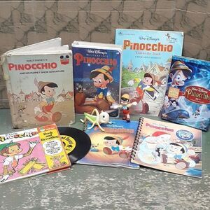 Disney Pinocchio bundle, 45 record, Jiminy &‎ pinocchio figures, VHS &dvd, books